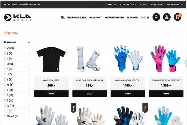 KLA Sports gamle nettbutikk: produktliste med filter